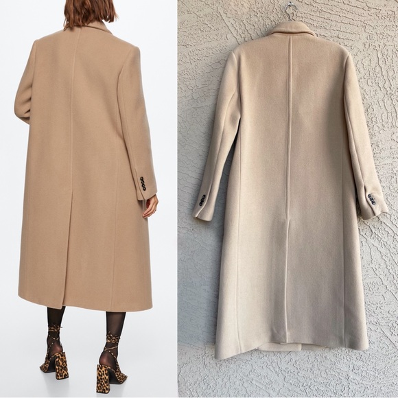 MANGO NWOT Neutral Camel Beige Long Double Breasted Virgin Italian Wool Coat S - Picture 3 of 16